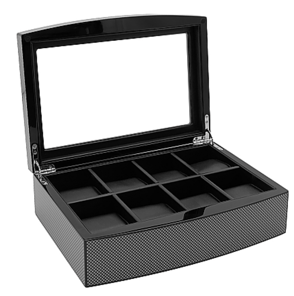 8-slot carbon fiber watch box with glass lid