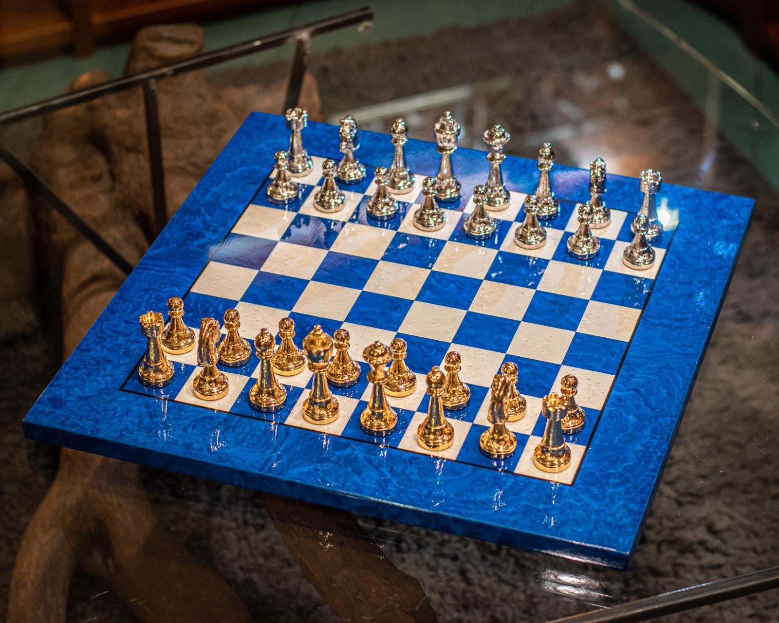 Blue chessboard in briar and pewter chess