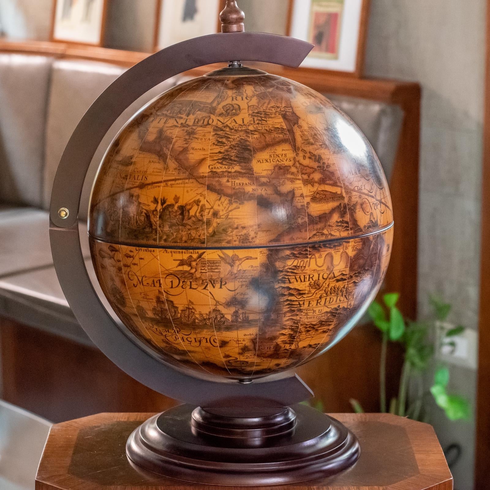 Wooden globe with bar container